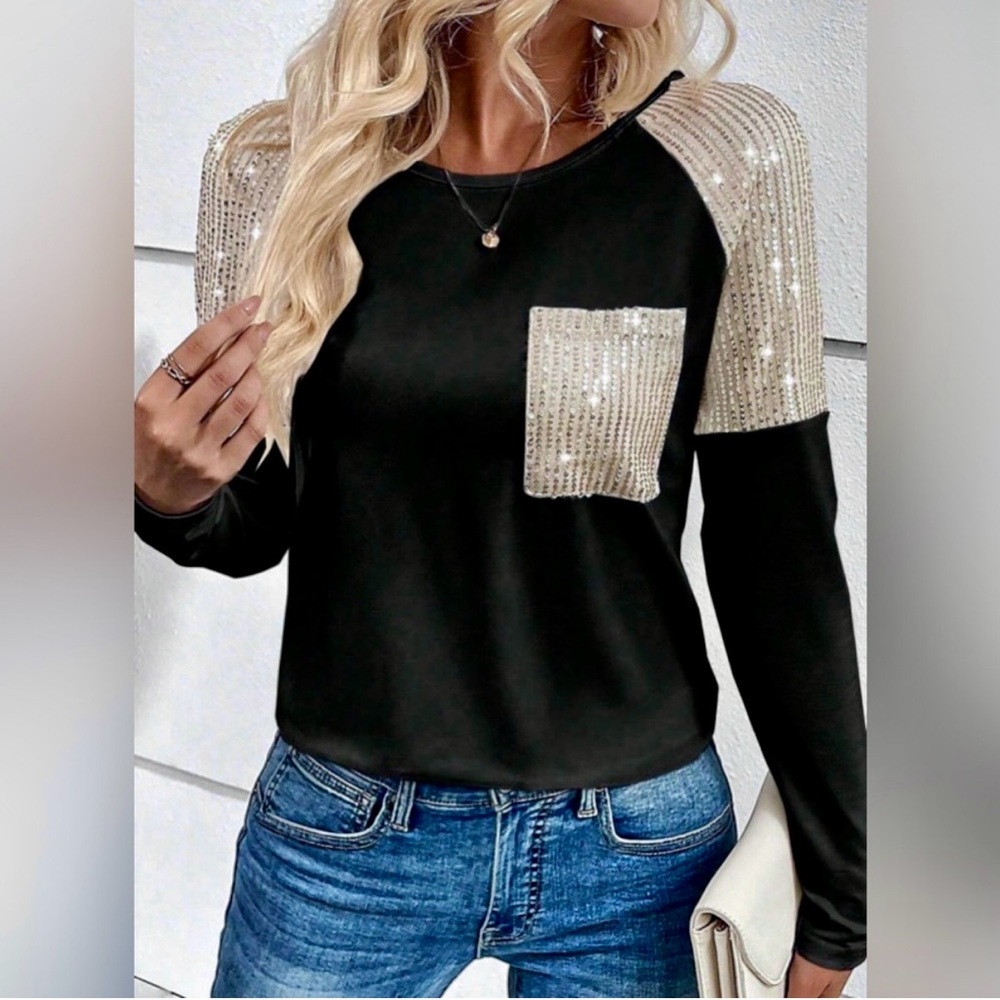 New Sequin Shoulder Black Top